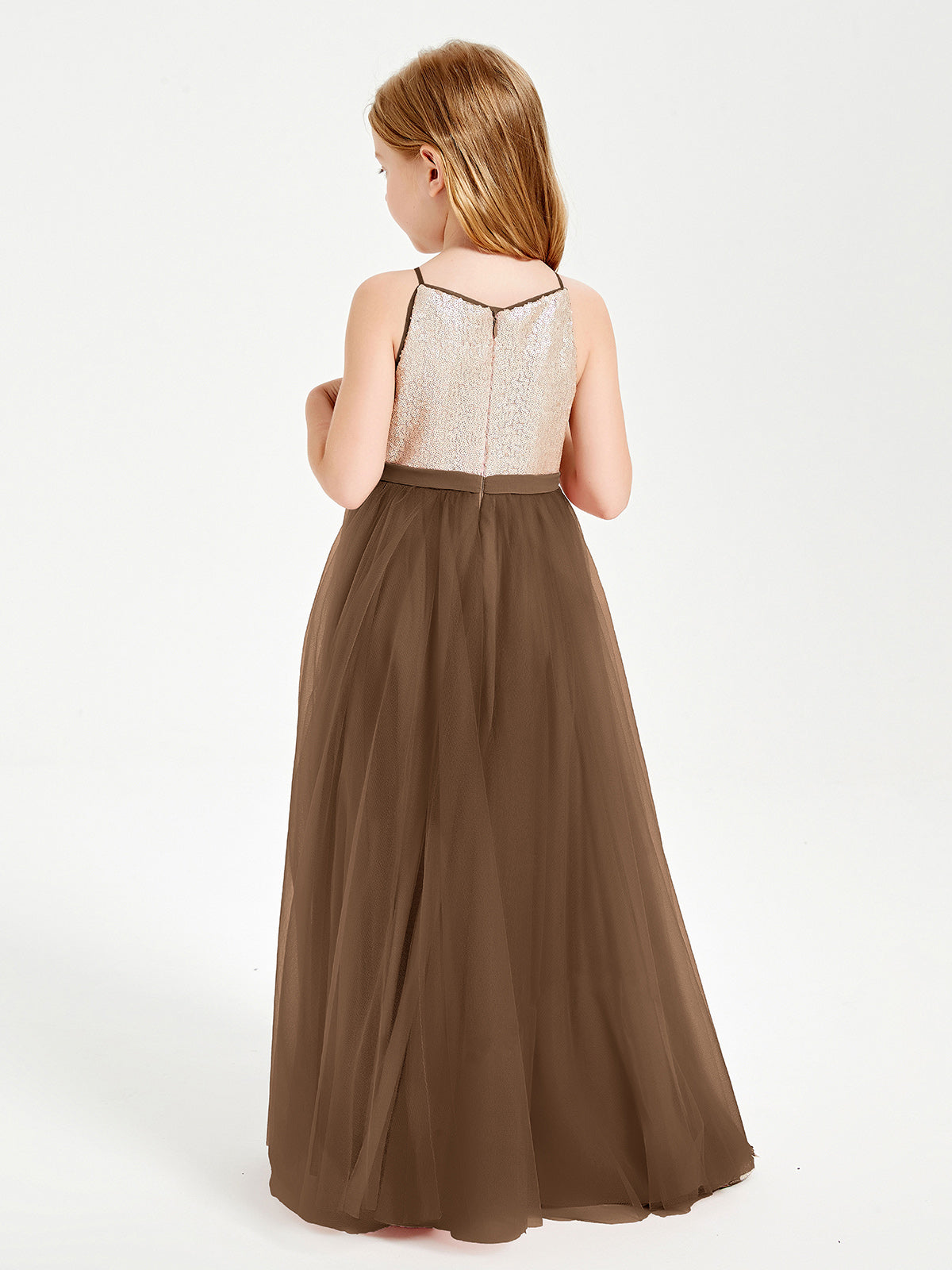 Sequined Top Long Tulle Junior Bridesmaid Gown Brown